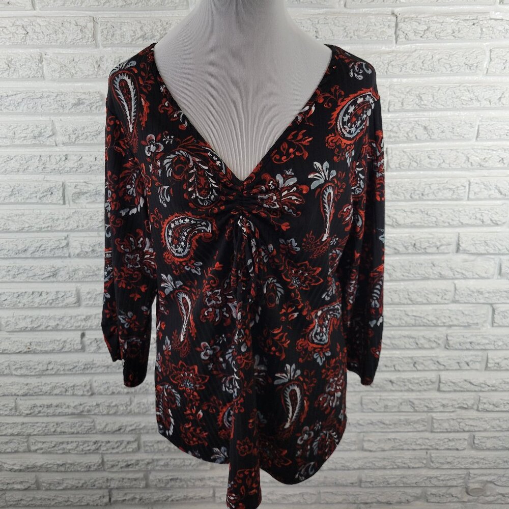 Sami & Jo 1X Black Red Paisley Blouse V-Neck 3/4 Sleeve Stretch Top PAI37XE